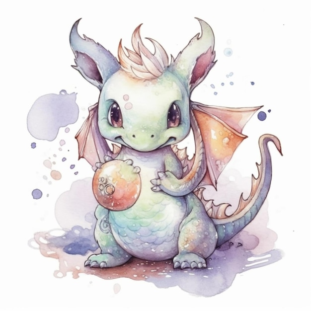 Illustration à l'aquarelle d'un dragon avec une boule d'aquarelle.