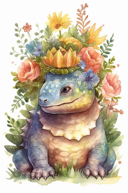 Une illustration à l'aquarelle d'un dragon avec une couronne de fleurs dessus.