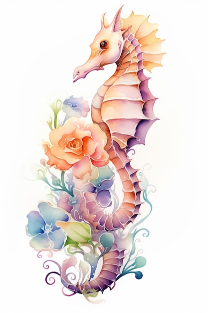 une illustration à l'aquarelle d'un dragon avec des fleurs et des papillons