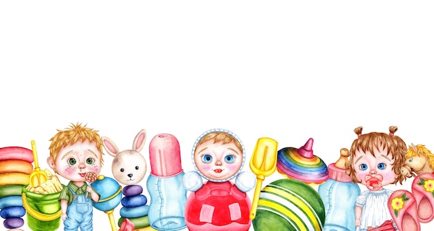 Illustration à l'aquarelle du cadre de jouets pour enfants en dessous des motifs isolés