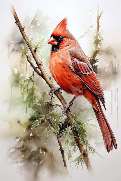 Illustration aquarelle du cardinal assis sur un fond blanc de buisson de sorbier