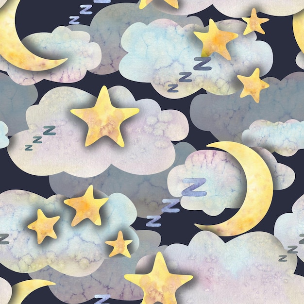 Illustration à l'aquarelle du ciel nocturne avec des nuages, la lune et les étoiles