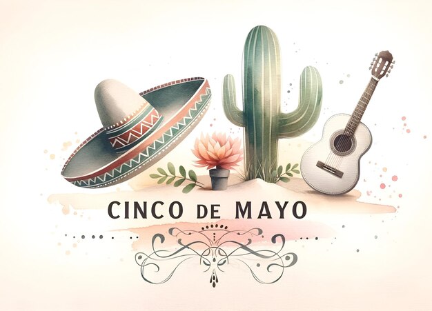 Photo illustration à l'aquarelle du cinco de mayo avec des symboles traditionnels mexicains