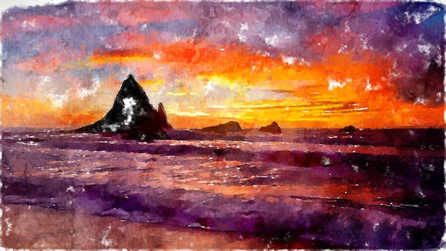 Photo illustration aquarelle du coucher de soleil sur la plage