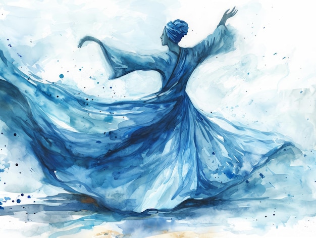Illustration à l'aquarelle du derviche tourbillonnant soufi serein dans la méditation AI générative