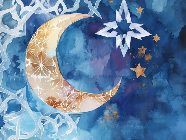 Illustration à l'aquarelle du design géométrique islamique traditionnel avec l'IA générative de la lune et des étoiles