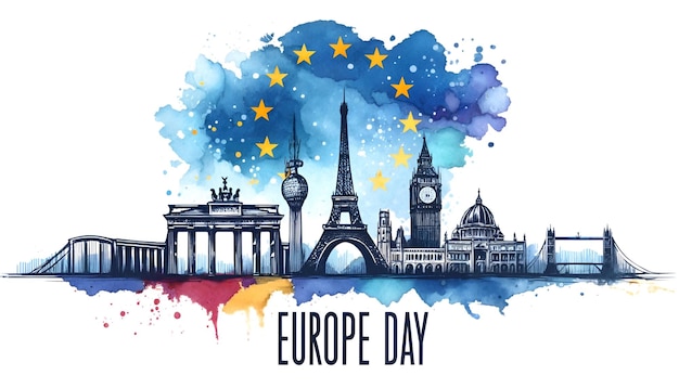 Photo illustration à l'aquarelle du jour de l'europe avec des monuments célèbres d'europe