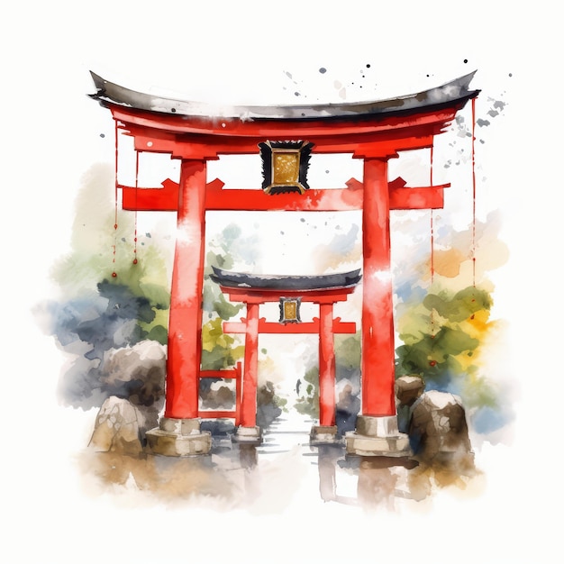Photo illustration à l'aquarelle du jour de showa avec la porte traditionnelle japonaise du torii