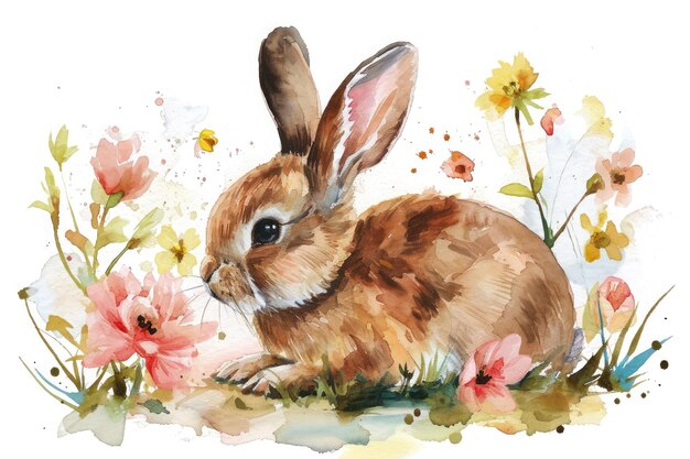 Illustration aquarelle du lapin de Pâques en fleurs de printemps Carte florale Joyeuses Pâques
