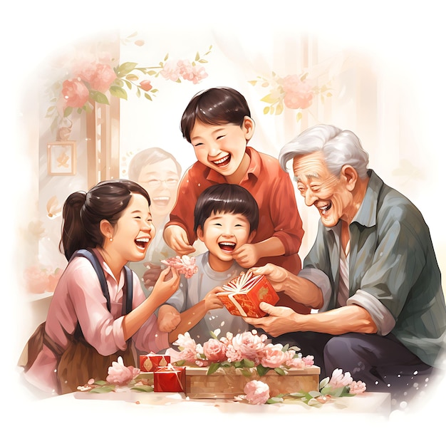 Illustration à l'aquarelle du Nouvel An chinois Objets et décorations de style chinois vibrants sur BG blanc