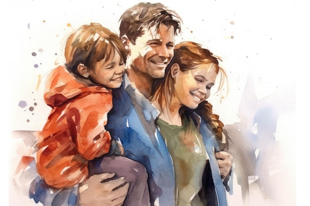 Illustration aquarelle du père et de ses enfants