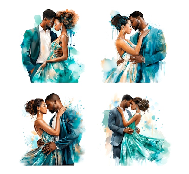 Photo illustration à l'aquarelle du portrait du marié et de la mariée turquoise