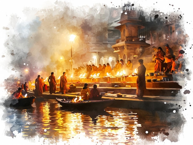 Illustration à l'aquarelle du rituel de Ganga Aarti sur les ghats de Varanasi AI générative