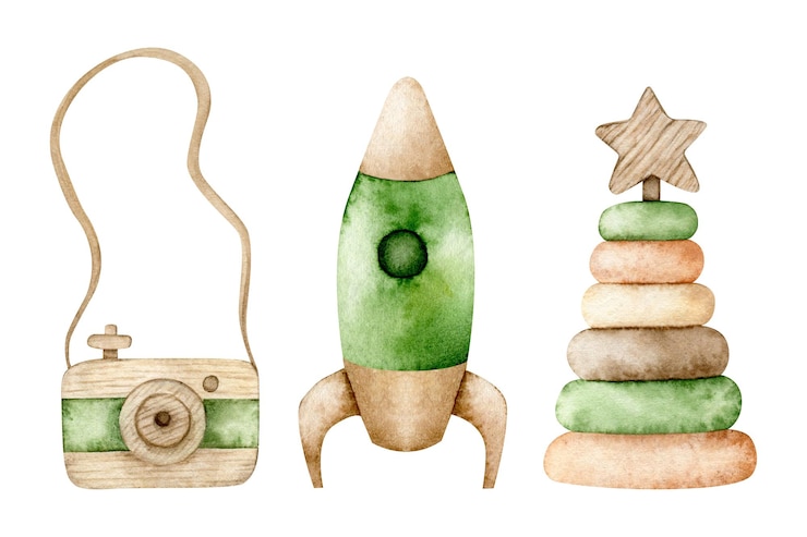Photo illustration aquarelle éco bébé jouets décor de pépinière jouets en bois caméra pyramide fusée