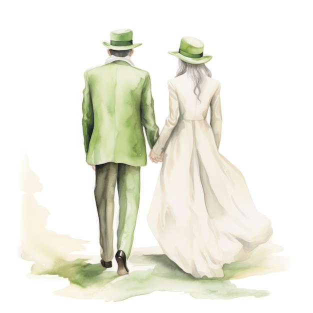 Illustration aquarelle d'élégance classique d'un couple vert avec des chapeaux