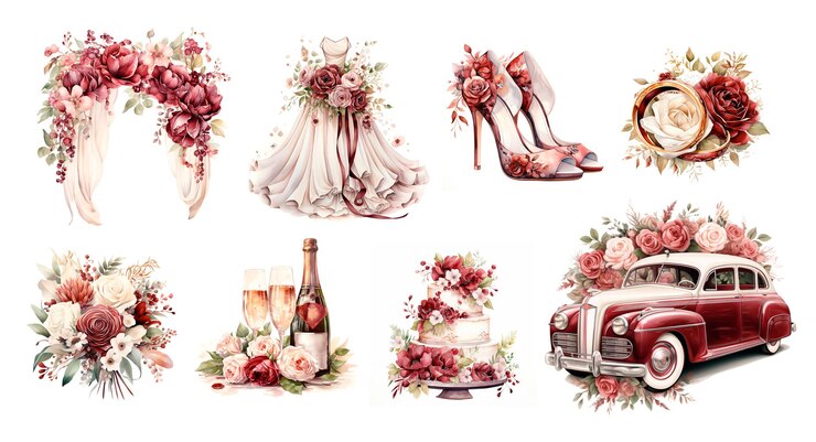 Photo illustration à l'aquarelle des éléments de mariage couleur rouge