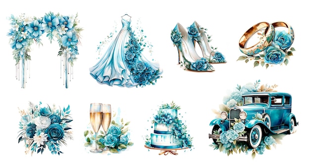 Photo illustration à l'aquarelle des éléments de mariage couleur turquoise