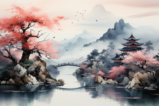 Illustration à l'aquarelle et à l'encre d'un paysage chinois avec une pagode et des montagnes dans le style sumie usin T...