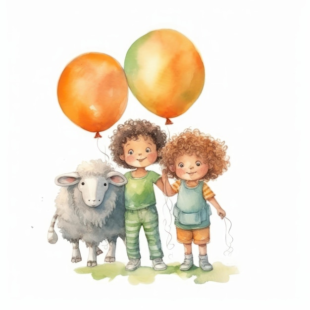 Illustration à l'aquarelle d'enfants avec des ballons et des moutons sur fond blanc