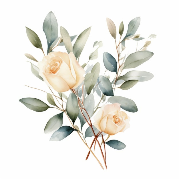 Illustration à l'aquarelle d'eucalyptus rose beige pastel sur fond blanc