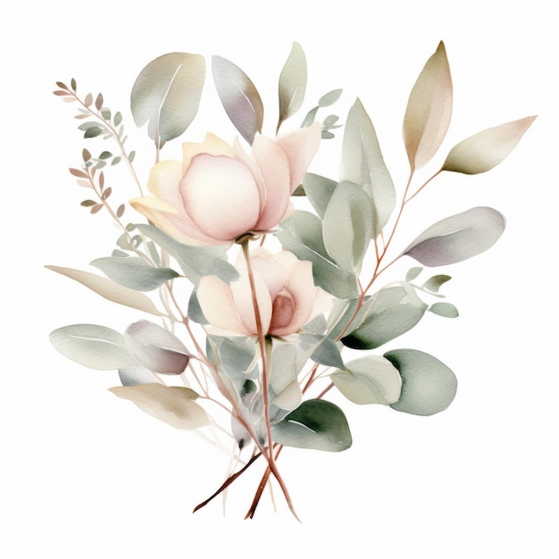 Illustration à l'aquarelle d'eucalyptus rose beige pastel sur fond blanc