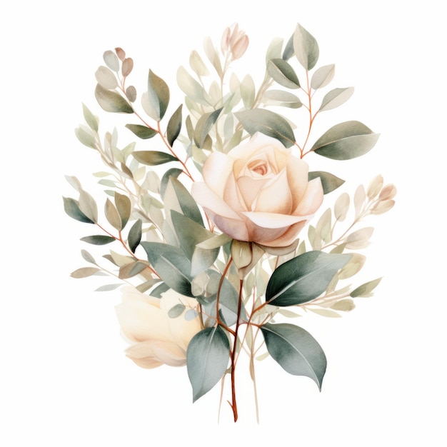 Illustration à l'aquarelle d'eucalyptus rose beige pastel sur fond blanc