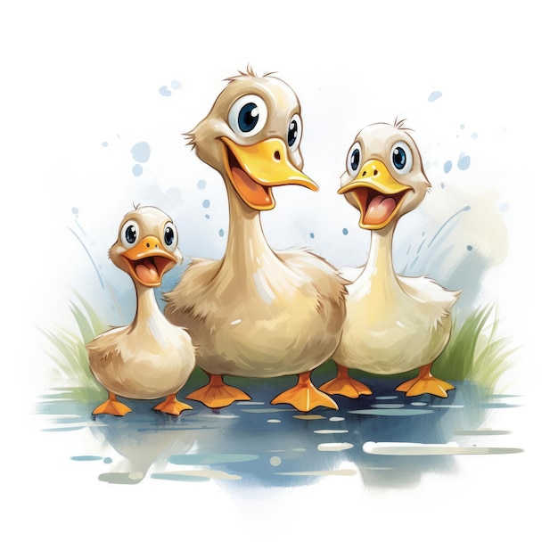 Illustration à l'aquarelle d'une famille de canards, de maman, de papa et de canard sur un fond blanc