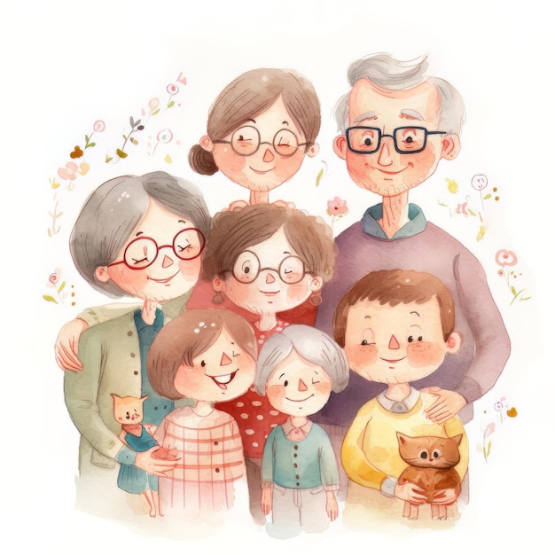 Une illustration à l'aquarelle d'une famille avec un chat et un garçon.