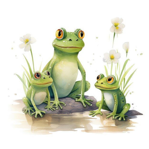 Illustration à l'aquarelle d'une famille de grenouilles sur fond blanc
