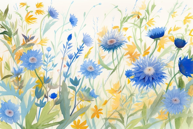 Illustration aquarelle fantaisiste de bleuets et de camomille poussant dans un jardin