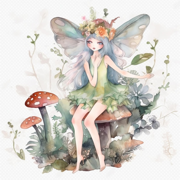 Une illustration à l'aquarelle d'une fée assise sur un champignon