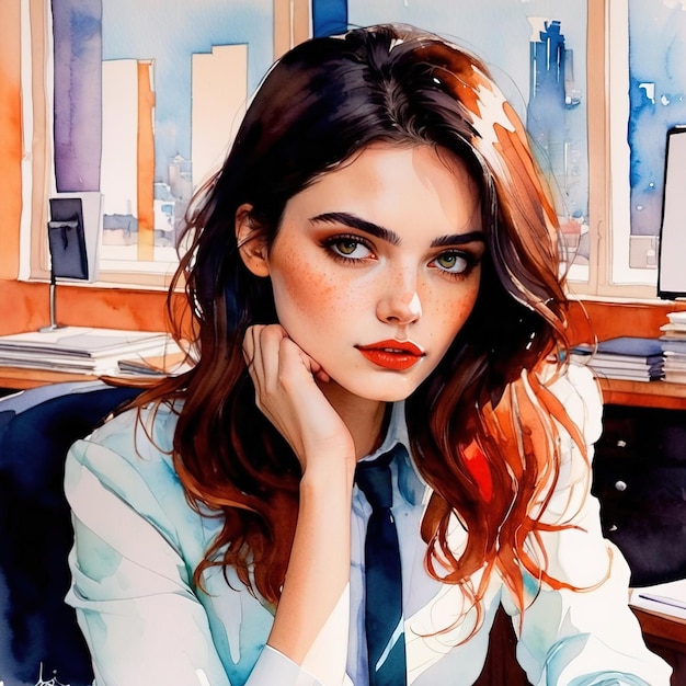 Illustration à l'aquarelle d'une femme d'affaires professionnelle dans un bureau