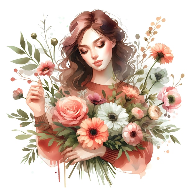 Illustration à l'aquarelle avec une femme et un bouquet de fleurs