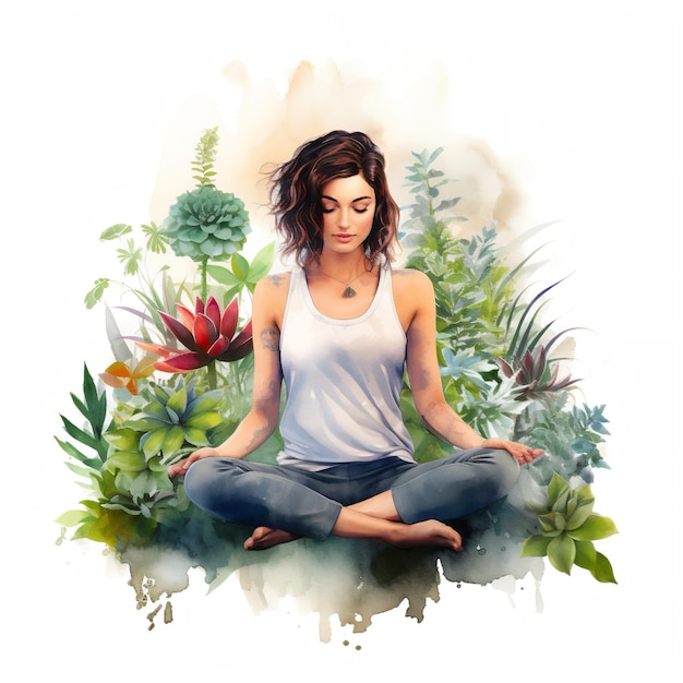 Illustration à l'aquarelle d'une femme méditant embrassant la relaxation zen Yoga et la nature