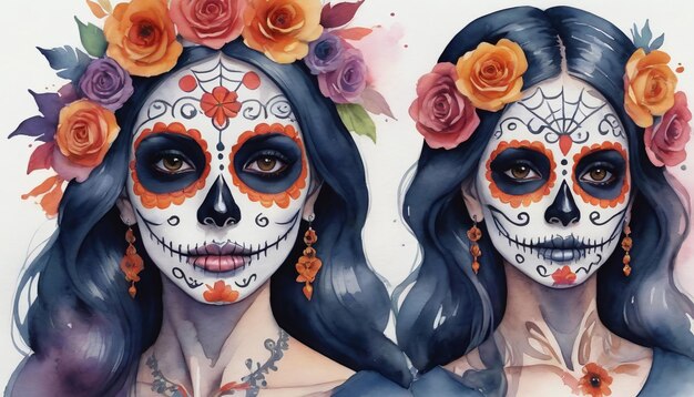 Illustration à l'aquarelle des femmes de Dia De Los Muertos avec du maquillage de crâne de sucre