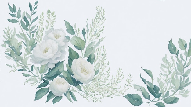 Illustration à l'aquarelle de feuilles d'or vert, de fleurs blanches, de roses, de péonies et de branches