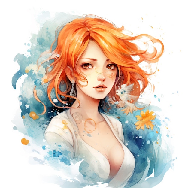 Illustration aquarelle de fille aux cheveux orange