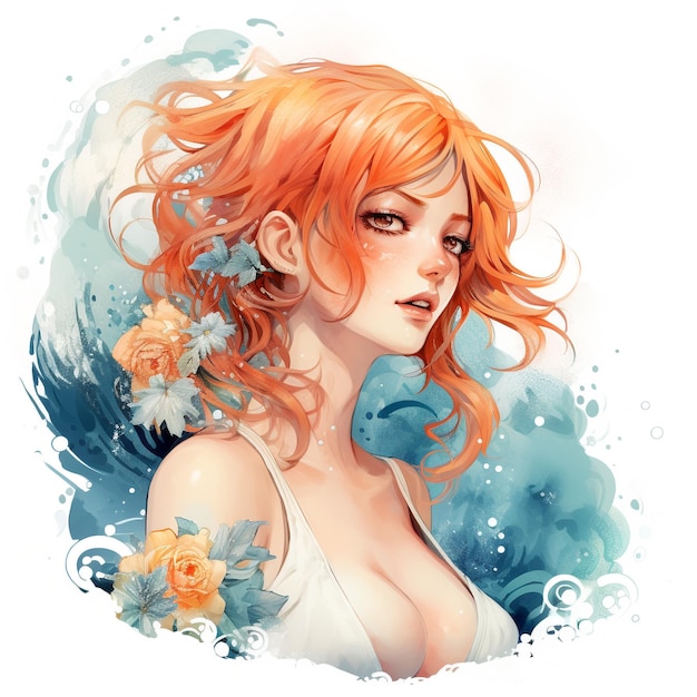 Illustration aquarelle de fille aux cheveux orange