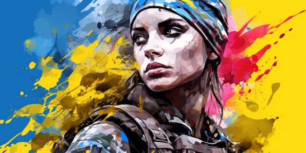 illustration à l'aquarelle d'une fille militaire courageuse défendant l'Ukraine des ennemis