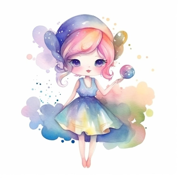 Illustration à l'aquarelle d'une fille avec une robe arc-en-ciel.