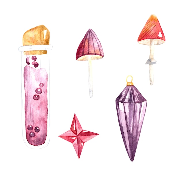 Illustration aquarelle avec une fiole avec une potion amulette champignons sorcellerie Halloween