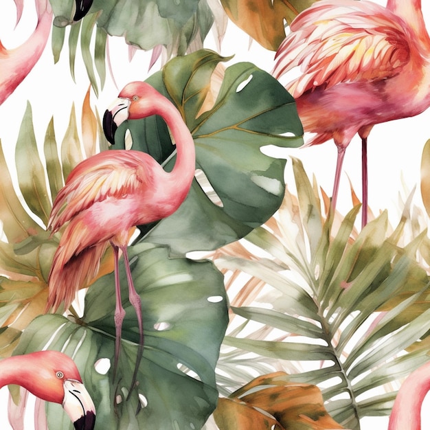 Une illustration à l'aquarelle de flamants roses et de feuilles tropicales.