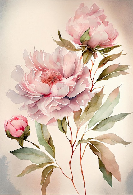 Illustration aquarelle fleur de pivoine rose clair sur une tige avec des bourgeons générés par AI