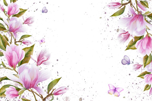 Illustration à l'aquarelle avec des fleurs et des branches de magnolia roses en fleurs Fleurs de printemps ou d'été pour les invitations de mariage ou les cartes de vœux