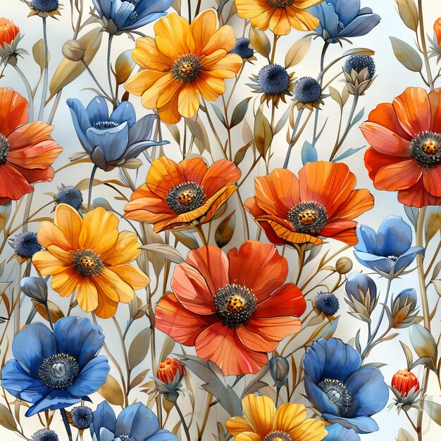 Illustration à l'aquarelle de fleurs sauvages colorées dans un motif sans couture