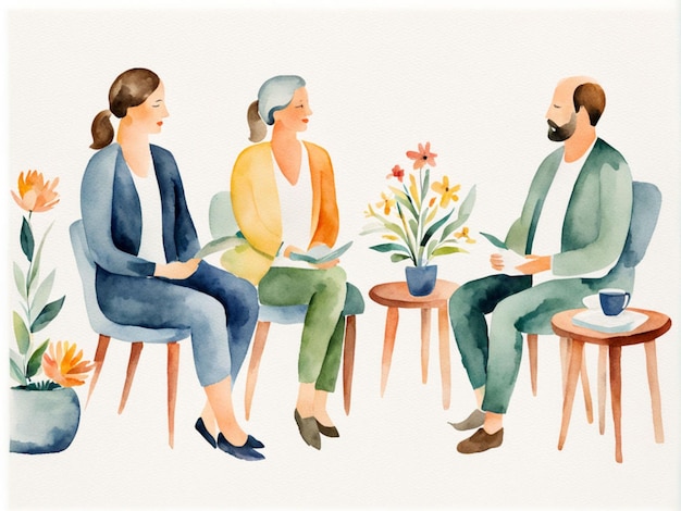 Illustration à l'aquarelle sur fond blanc Promotion du bien-être Session de thérapie de groupe pour les malades mentaux