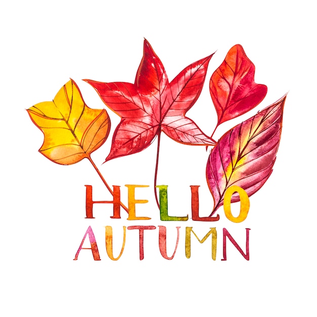 Illustration aquarelle de fond avec des feuilles d'automne rouges, orange, marron et jaunes. Bonjour automne.