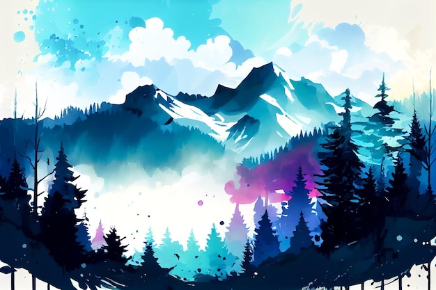 Illustration aquarelle de fond de paysage de montagne d'été AI générative AI générative