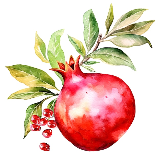 Illustration aquarelle de fruits grenade sur blanc arrangement floral grenades rouges feuilles vertes