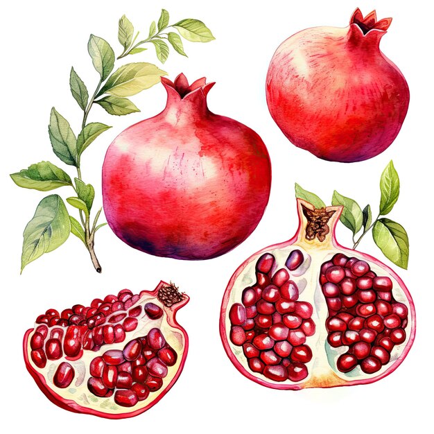 Illustration aquarelle de fruits grenade sur blanc arrangement floral grenades rouges feuilles vertes